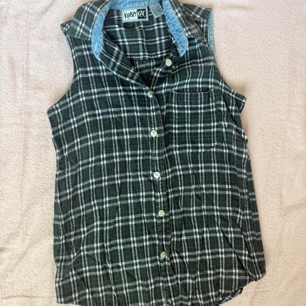 Krazy Kat Women's Vintage plaid sleeveless button-up shirt Size S